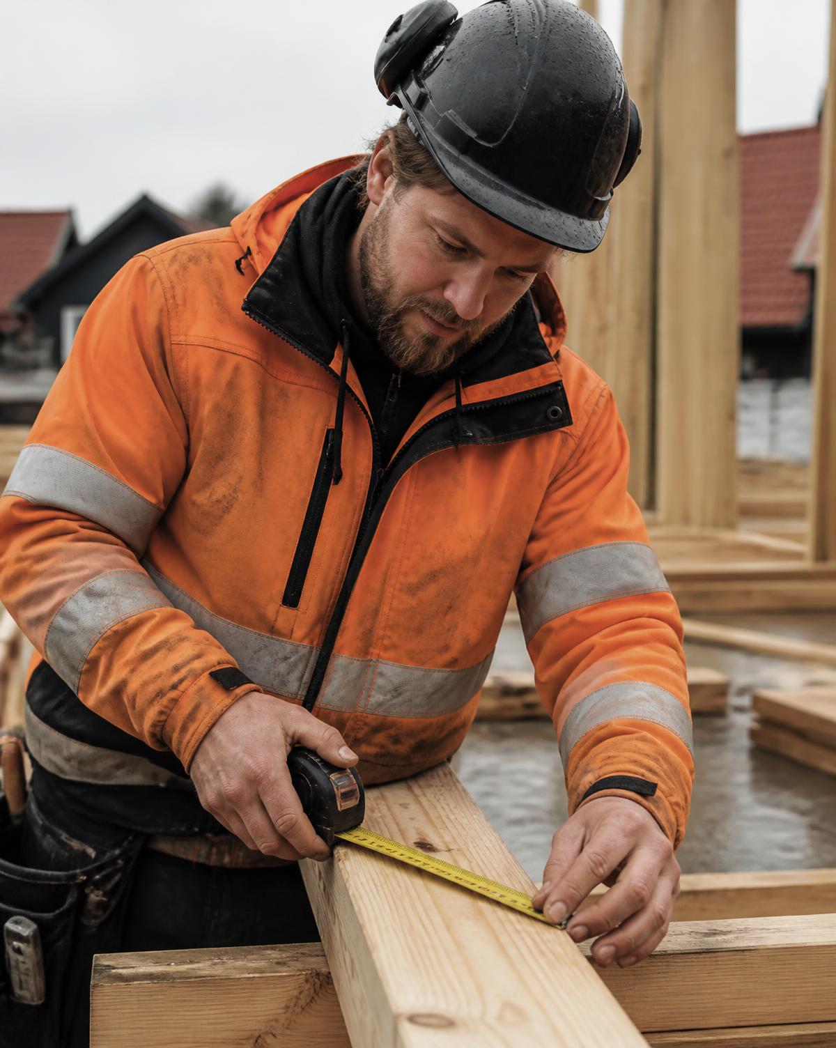 Carpenter measuring timber on a Scandinavian construction site