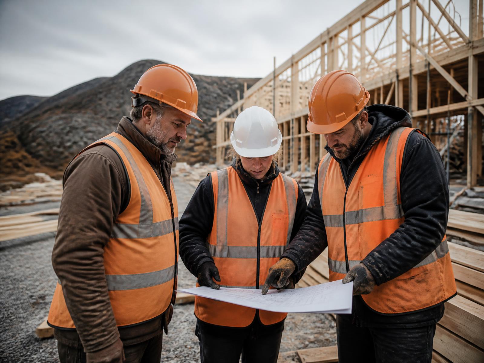 Construction tradespeople in hi-vis reviewing drawings on a Nordic building site